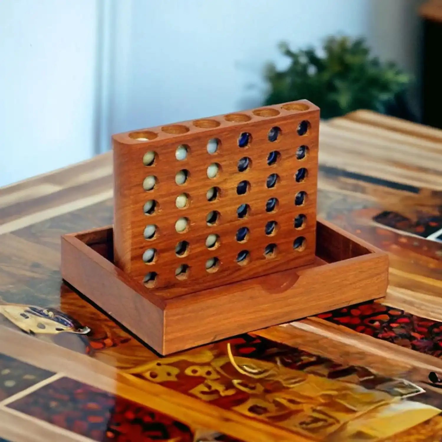 Mittimate Wooden Marble 3 Tie (Connect 4) – Portable 2-Player Strategy Board Game for Kids (6+) | Fun, Educational & Mind-Challenging Toy