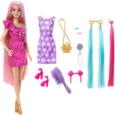 Barbie Fun & Fancy Blonde Hair Doll with Extra-Long Colorful Hair and Shimmery Pink Dress and 10 Hair and Fashion Play Accessories for Kids Ages 3+
