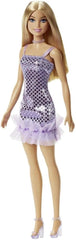 Barbie Blonde Hair Doll Wearing Lavender Metallic Mini Dress for Kids Ages 3+