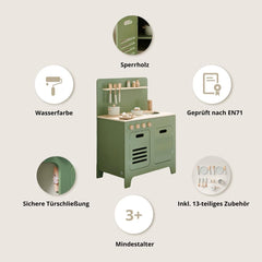 Kiddies Kingdom Wooden Toy Kitchen - Olive Green & Dusty Pink Imaginative Play For Ages 3 and Above