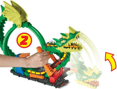 Hot Wheels Track Set with 1:64 Scale Toy Firetruck, City Fire Station with Dragon Nemesis and Track Play, Dragon Drive Firefight