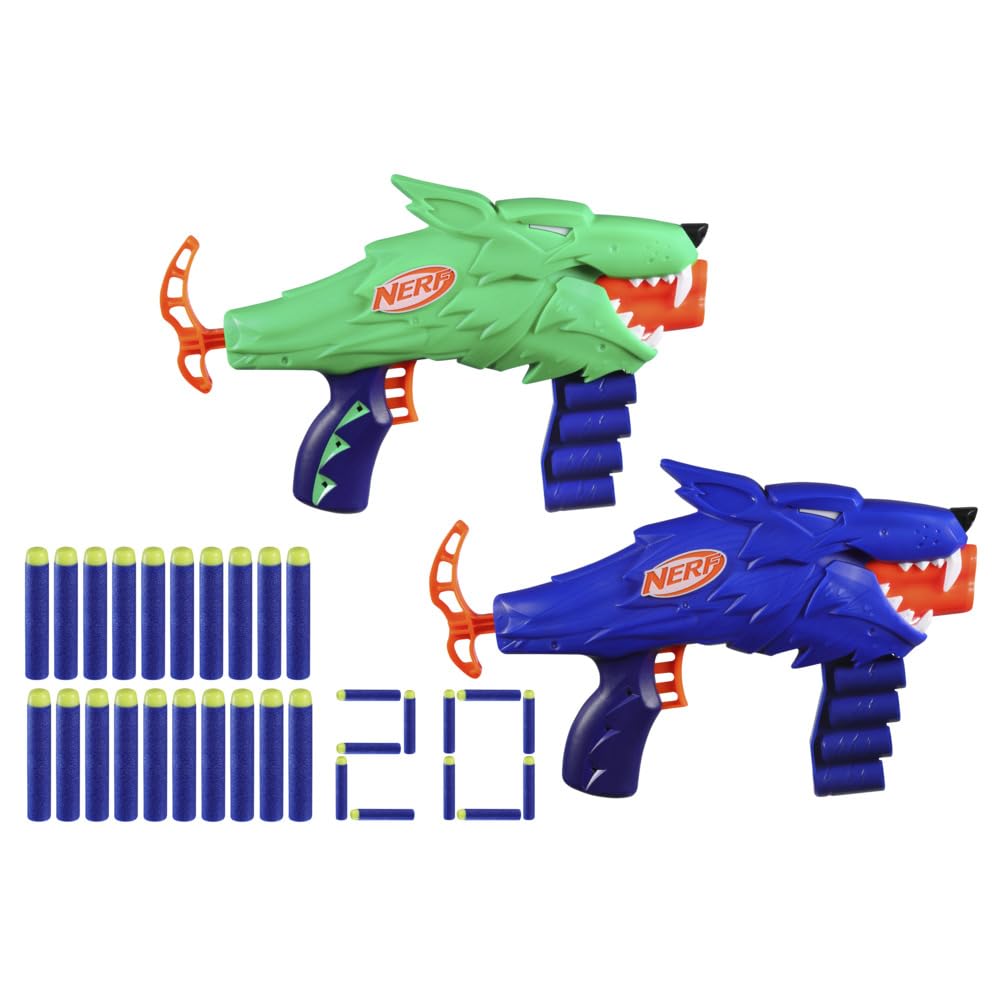 Nerf Wild Wolfpack - 2 Easy Play Blasters With Wolf Designs, 20 Elite Darts, Wolf Toys For 6 Year Old Boys & Girls, Outdoor Toys
