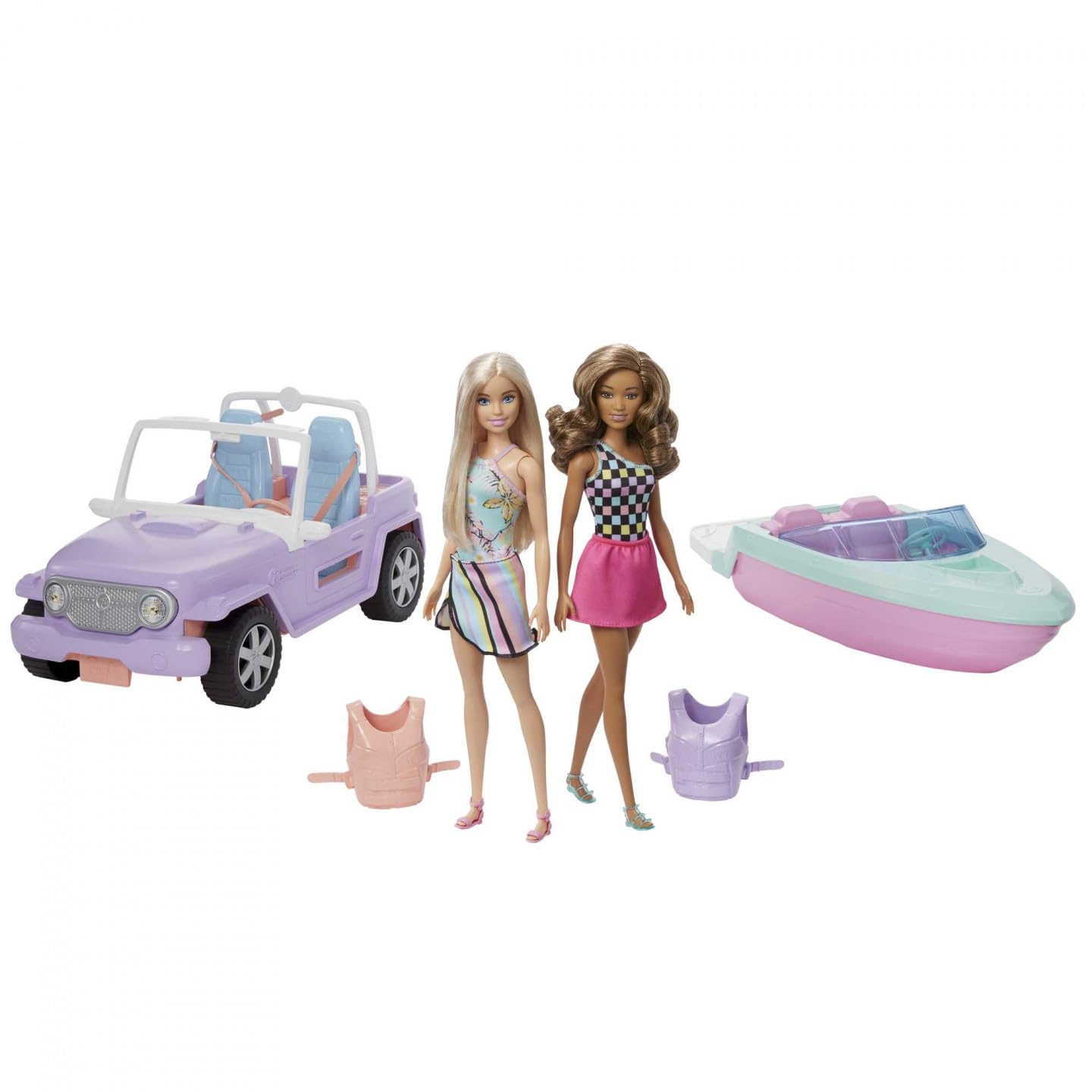 Barbie Off Road Vehicles & Floating Boat 2 Pack Giftset with 2 Dolls & Accessories for Kids Ages 3 Years & Up