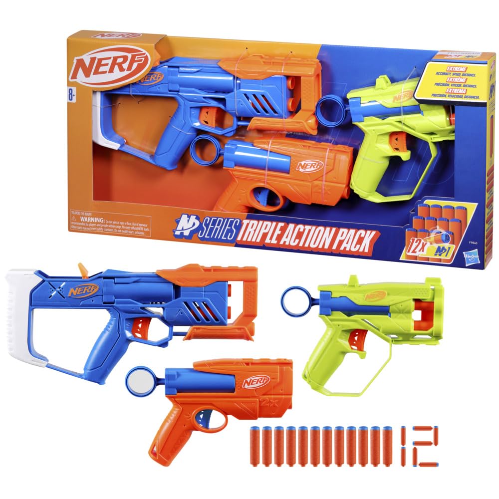 Nerf N Series Triple Action Pack, 3 Blasters, 12 N1 Darts Compatible Only with N Series Blasters, Outdoor Games for Kids, Ages 8+