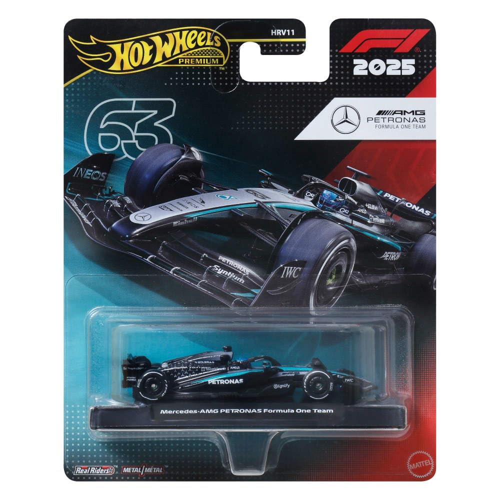 Hot Wheels Race Team Mercedes-AMG Petronas F1 Team (#63) 1:64 Scale Premium Die-Cast Formula 1 Collectible Toy Race Car with Real Riders Tires & Metal/Metal Body & Chassis for Collectors