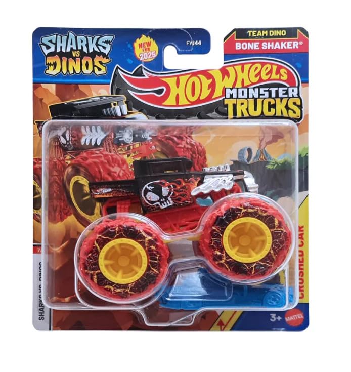 Hot Wheels 1:64 Scale Team Dino Bone Shaker Monster Trucks 2025 Diecast Truck with Crushable Car for Ages 3+ (JCD91)