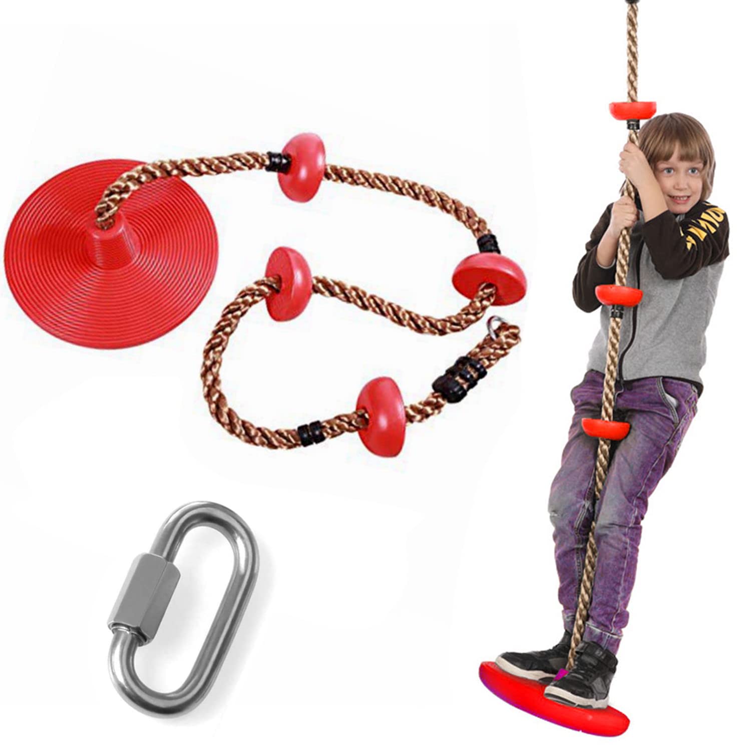 REZNOR Plastic Platforms Disc Tree Swing Seat Climbing Knot Rope With Carabiner Hook For Kids, Red