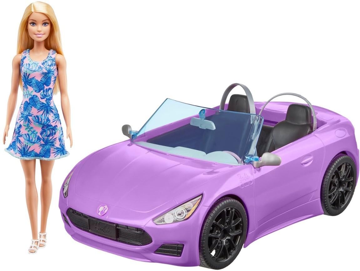 Barbie 11.5 inch Blonde and 2-Seater Purple Convertible Car with Rolling Wheels Car For Ages 3+