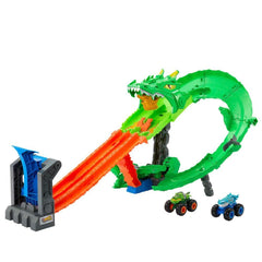 Hot Wheels Monster Trucks Sharks vs. Dinos Dragon Destruction Playset with 1:64 Scale Great Bite & Rageasaur, Race to Defeat The Cyborg Nemesis for Kids Ages 3 Years & Up