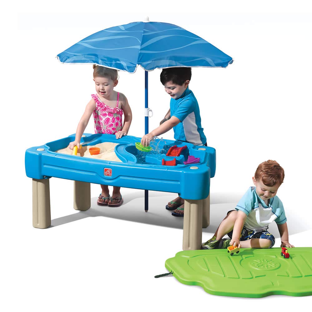Step2 Cascading Cove Sand & Water Table with Umbrella | Kids Sand & Water Play Table with Umbrella | 6-pc Accessory Set Included, Blue