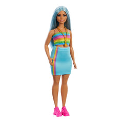 Barbie Fashionistas 65th Anniversary Doll #219 with Long Blue Hair Wears Rainbow Top & Teal Skirt for Ages 3 Years & Up
