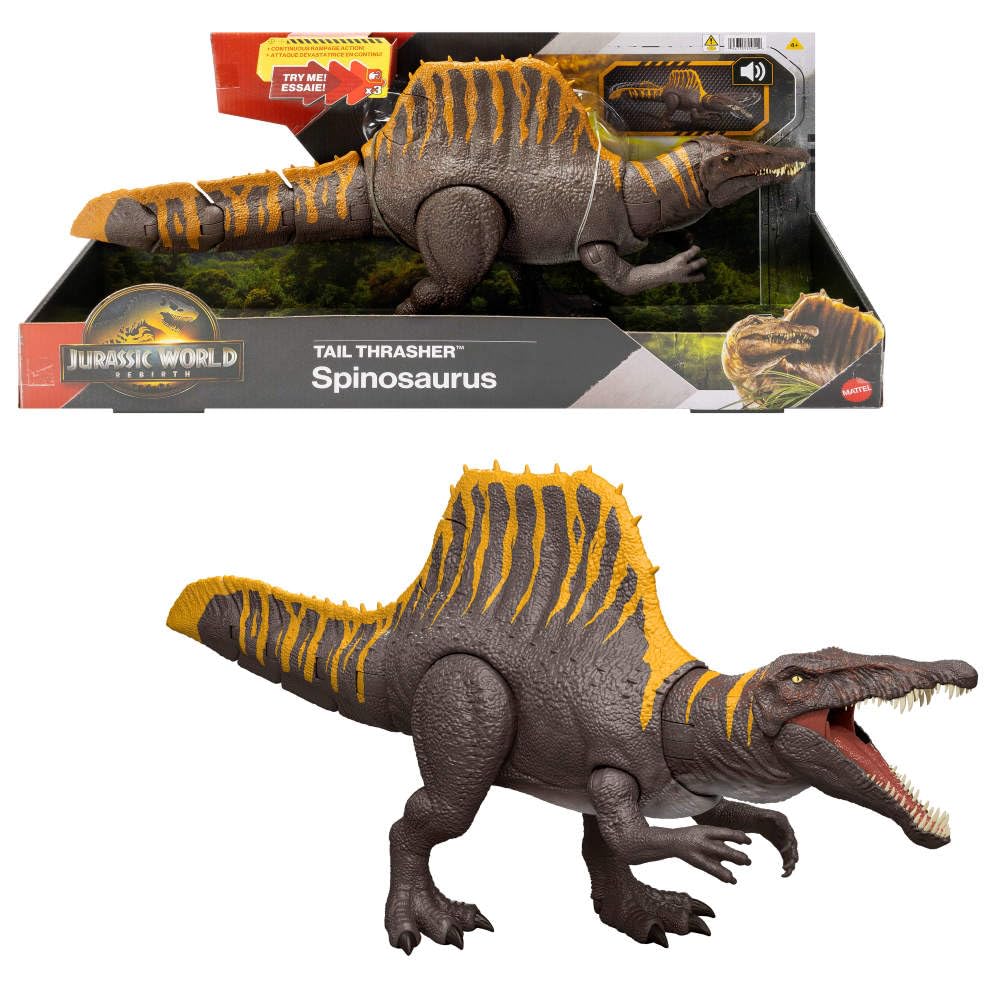 Jurassic World Rebirth Dinosaur Tail Thrasher Spinosaurus Action Figure with 2 Attack Moves, Movie-Accurate & Posable, Digital Play