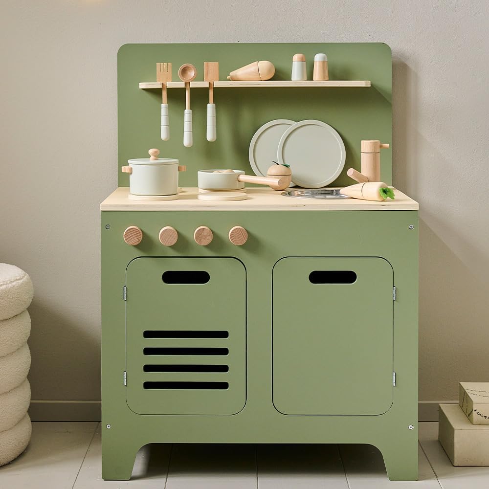 Kiddies Kingdom Wooden Toy Kitchen - Olive Green & Dusty Pink Imaginative Play For Ages 3 and Above
