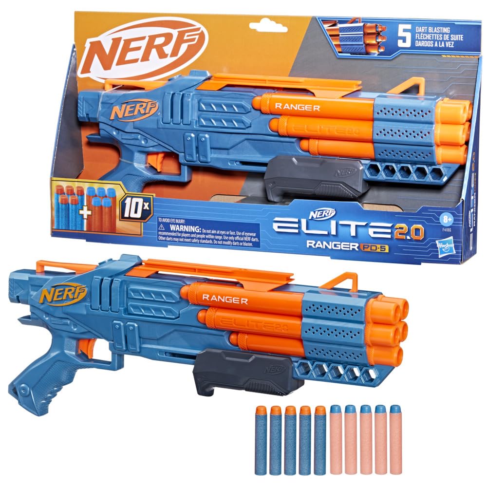 Nerf Elite 2.0 Ranger PD-5 Blaster, 10 Nerf Elite Darts, 5 Barrel Blasting, Pump Action, Foam Dart Blaster for Kids Outdoor Games