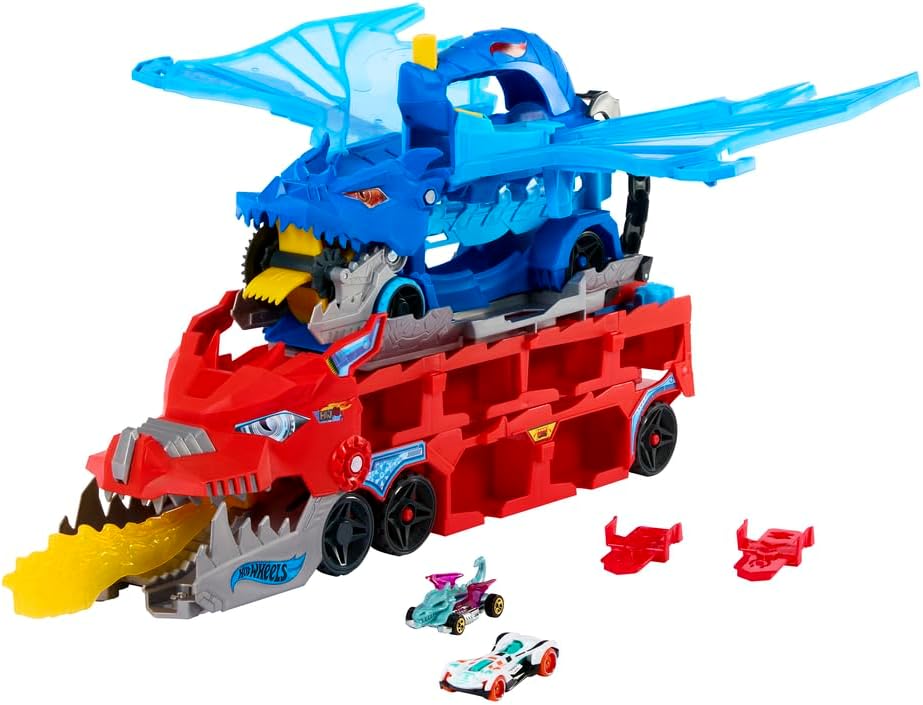 Hot Wheels City Ultimate Double Dragon Transporter Track Set Including Two Diecast Cars for Kids Ages 4 Years & Up