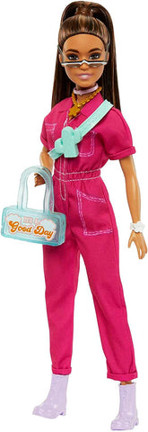 Barbie Brown Hair Doll in Trendy Pink Jumpsuit with Storytelling Accessories and Pet Puppy for Ages 3+