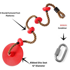 REZNOR Plastic Platforms Disc Tree Swing Seat Climbing Knot Rope With Carabiner Hook For Kids, Red