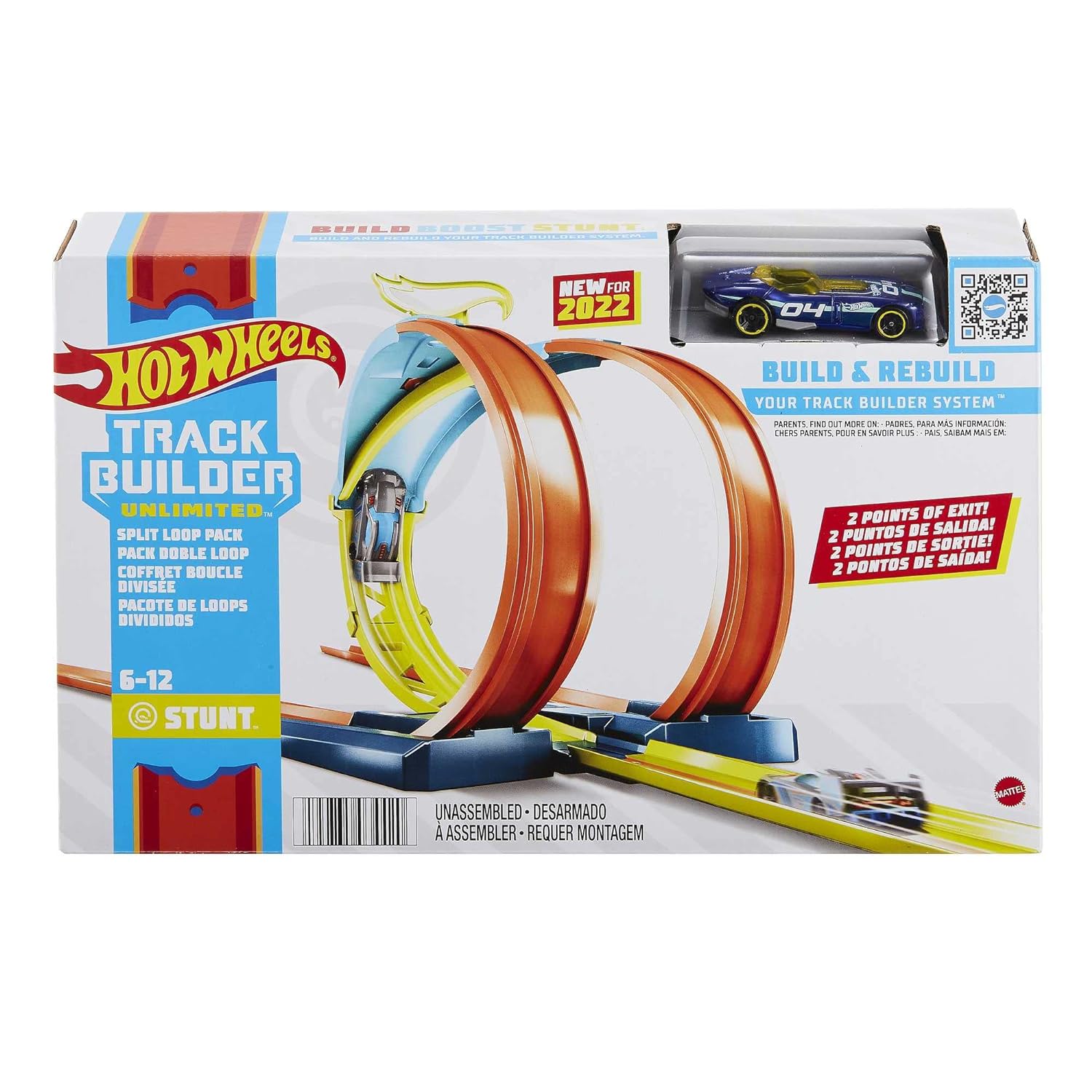 Hot Wheels Track Builder Unlimited Split Loop Pack, Loop with 2 Exit Options, Connects to Other Sets, Includes 1 Hot Wheels Car, Gift for Kids 6 to 12 Years Old