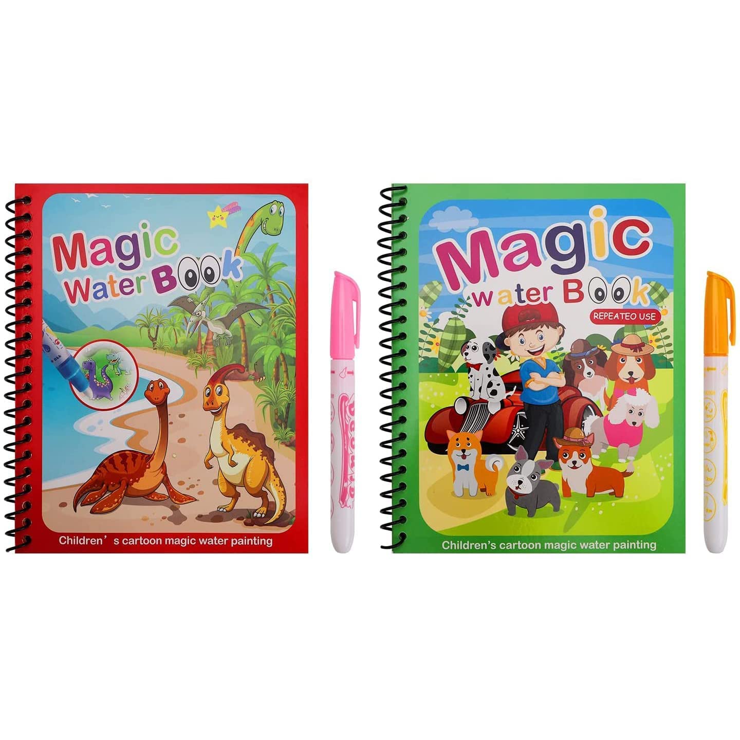REZNOR Quick Dry Re-Usable Magic Coloring Water Book with Magic Pen (Random Design), Pack of 2