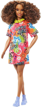 Barbie Fashionistas Doll with Brunette Curly Hair And Graffiti Dress #201 for Kids Ages 3+ (HPF77)