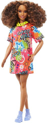 Barbie Fashionistas Doll with Brunette Curly Hair And Graffiti Dress #201 for Kids Ages 3+ (HPF77)
