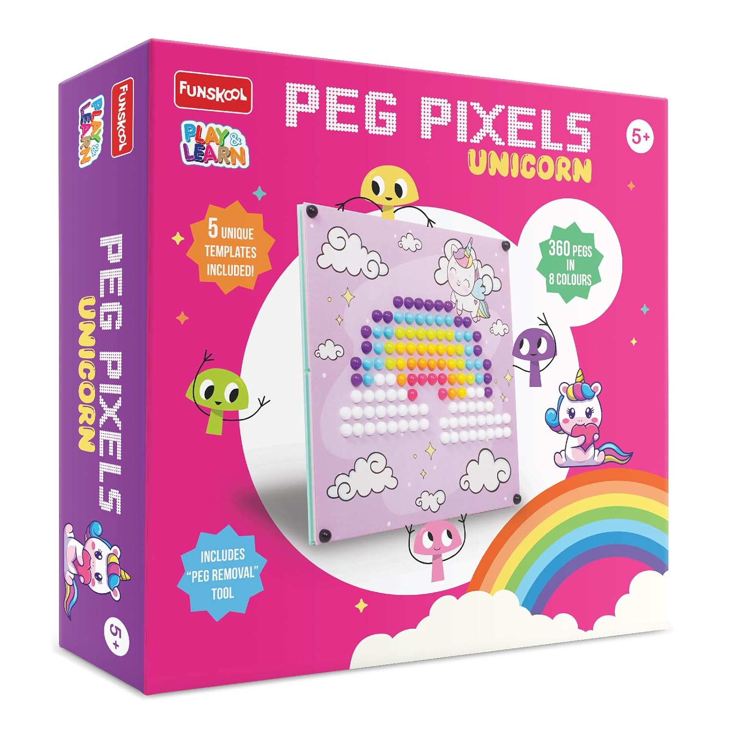 Funskool Peg Pixels-Unicorn,Educational,360 Pegs in 8 Colours,Puzzle with 5 Designs DIY,for 5 Year Old Kids and Above