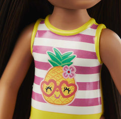 Barbie Chelsea Small Doll With Beach Swimsuit, Stripes & Pineapple,Brunette Hair & Green Eyes For Kids Ages 3+