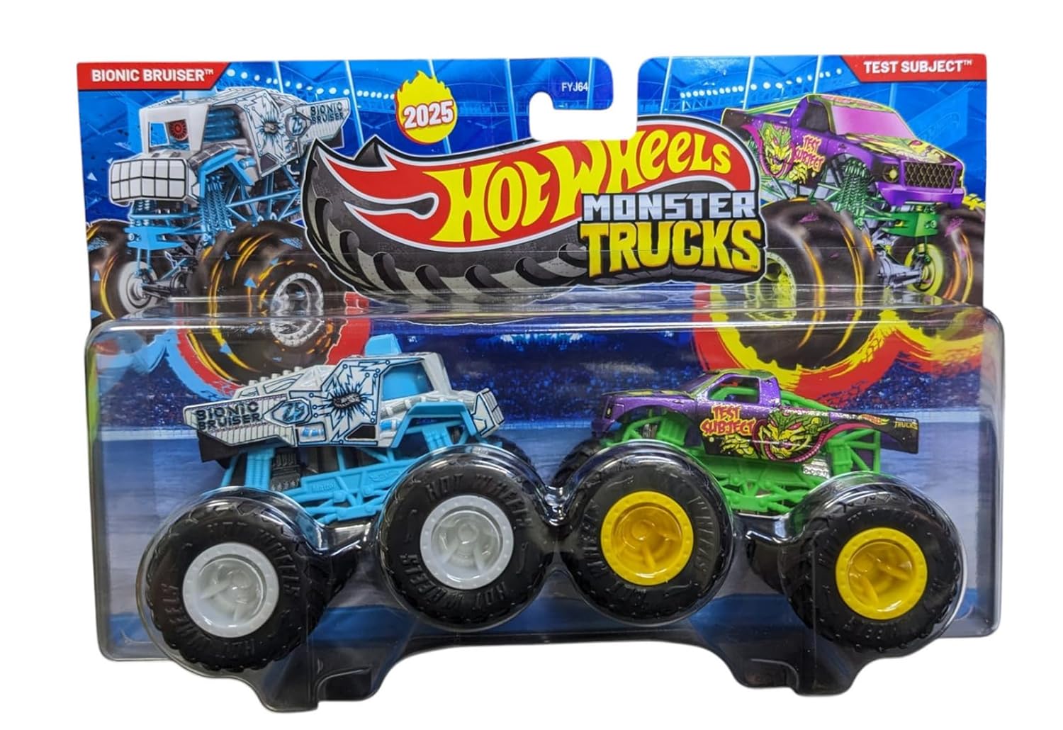 Hot Wheels Monster Trucks 1:64 Scale Demolition Doubles 2 Pack Collection, Bionic Bruiser Vs Test Subject
