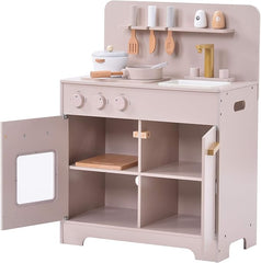 Kiddies Kingdom Wooden Toy Kitchen - Soft Pink, Mint Grey, White Imaginative Play For Ages 3 and Above