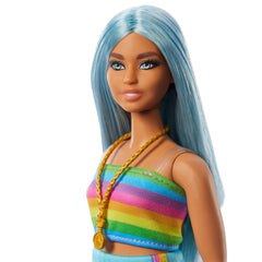 Barbie Fashionistas 65th Anniversary Doll #219 with Long Blue Hair Wears Rainbow Top & Teal Skirt for Ages 3 Years & Up