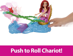 Disney Princess Ariel Mermaid Doll & Rolling Chariot with Removable Fashion Tail & Sebastian Figure Inspired by Disney The Little Mermaid Movie For Kids Ages 3+