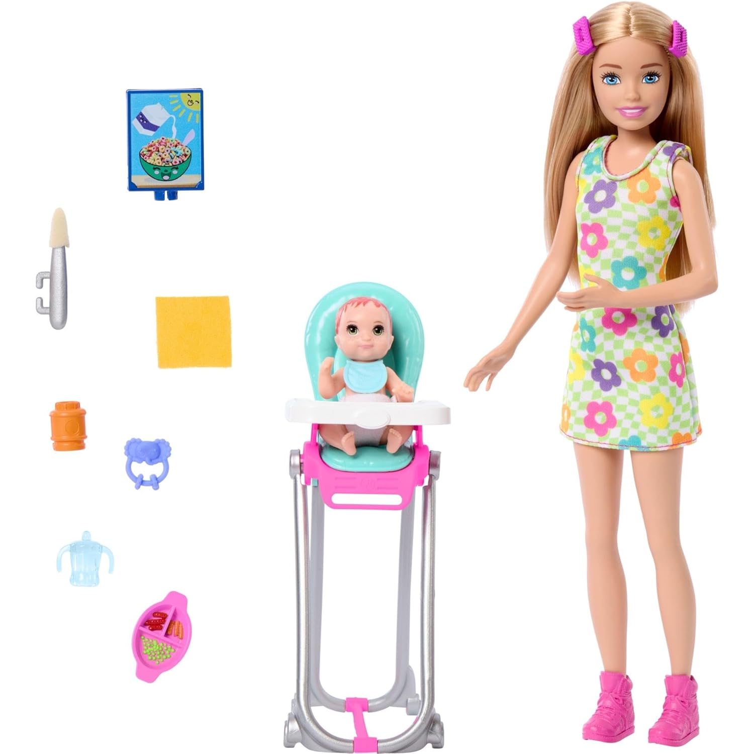 Barbie Skipper Babysitters Crib Playset With Brunette Friend Doll, Baby Doll with Babysitting Set Themed to Mealtime Accessories For Kids Ages 3 Years & Up