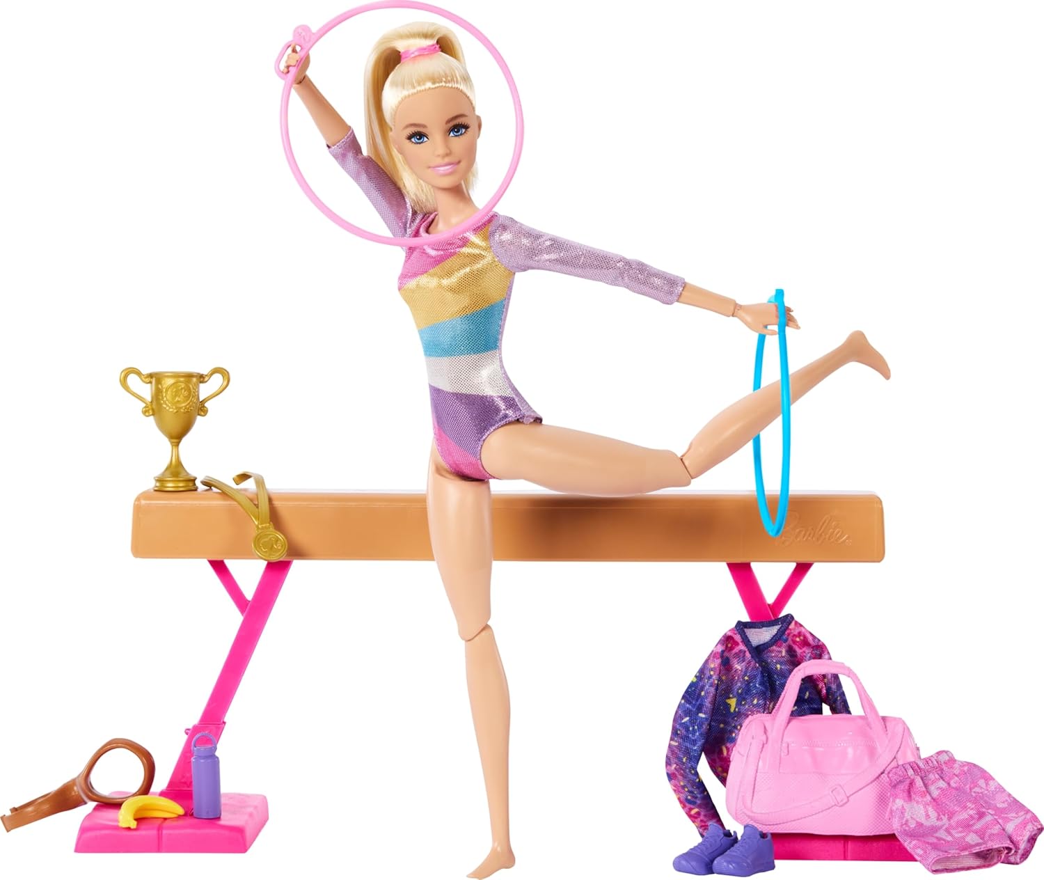 Barbie Gymnastics Doll & Accessories Playset with Blonde Fashion Doll, C-Clip for Flipping Action, Balance Beam, Warm-Up Suit & More for Kids Ages 3+
