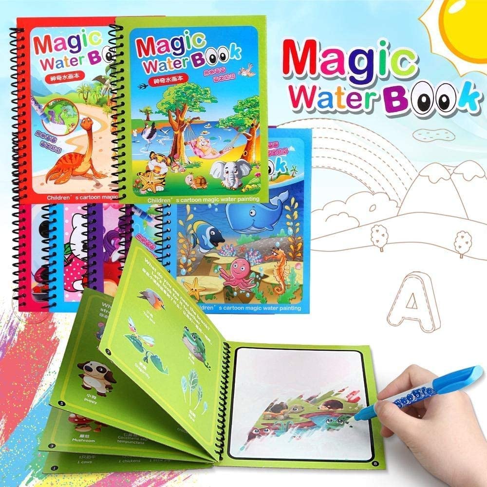 REZNOR Quick Dry Re-Usable Magic Coloring Water Book with Magic Pen (Random Design), Pack of 5