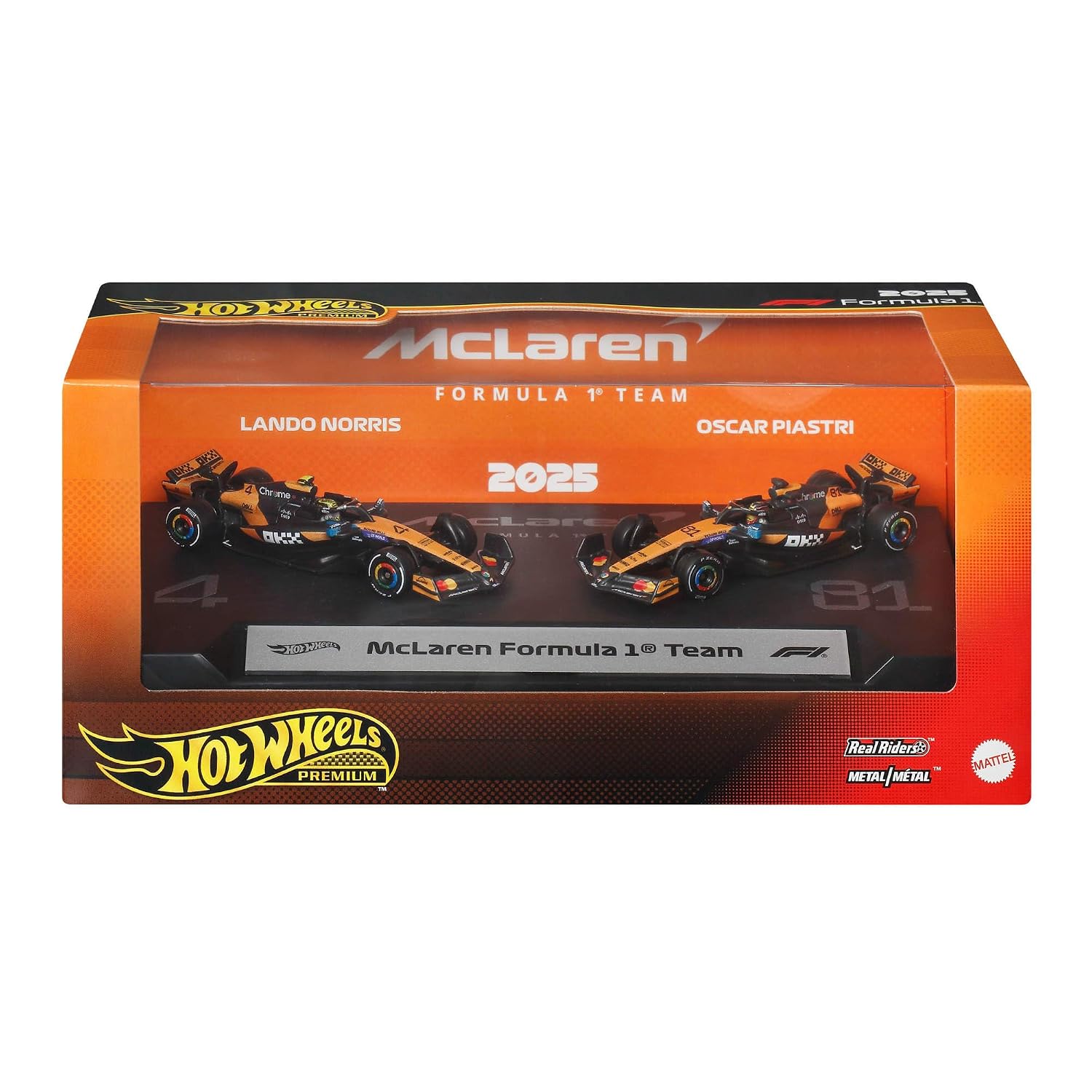 Hot Wheels Premium Formula 1 Toy Car 2-Pack, Set of 2 1:64 Scale Die-Cast McLaren Formula 1 Racecars Featuring #81 Oscar Piastri & #4 Lando Norris