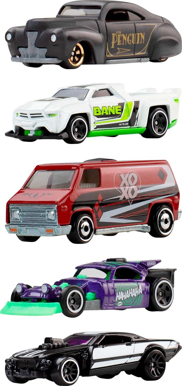 Hot Wheels Batman Set of 5 1:64 Scale Die-Cast Silver Series Super-Villain Vehicles Toy Cars with Enhanced Deco Execution & Authentic Details