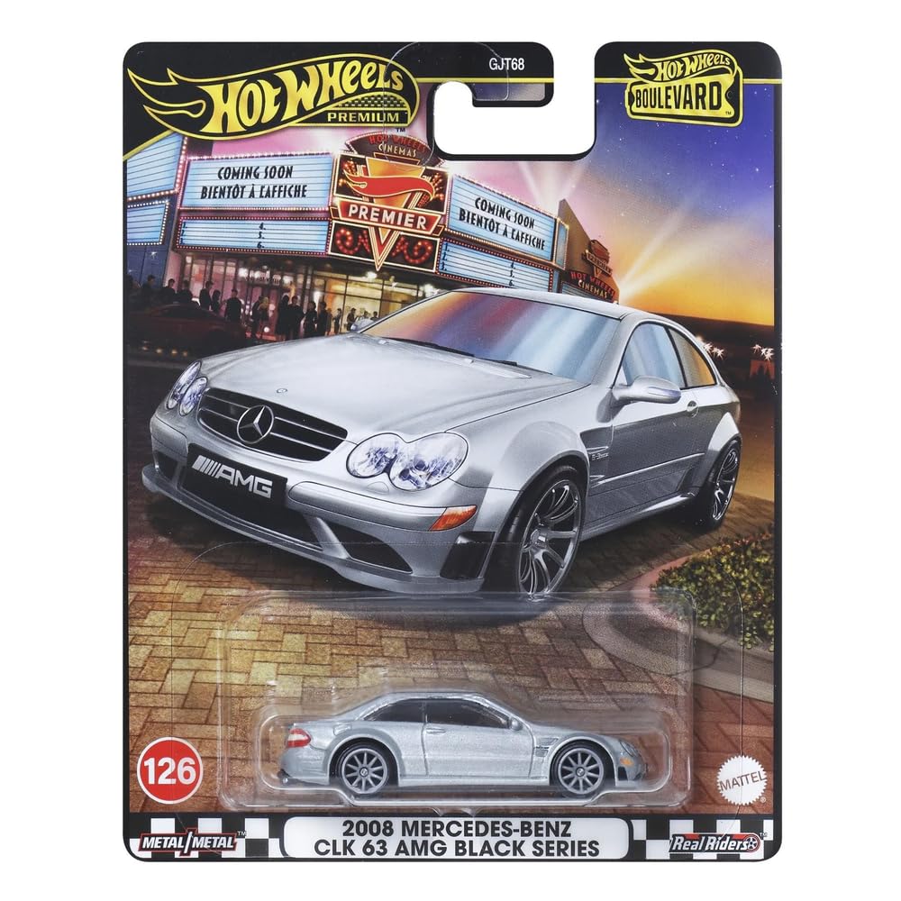 Hot Wheels Premium Boulevard Mercedes Benz CLK 63 AMG Black Series 1:64 Scale Sports Car with Full Metal Body Construction & Real Riders Tires for Collectors