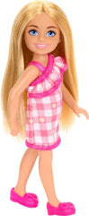 Barbie Chelsea Doll, Small Doll Wearing Removable Checked Dress & Pink Shoes with Blonde Hair & Blue Eyes