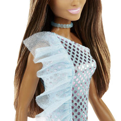 Barbie Brunette Hair Doll Wearing Teal Metallic Dress for Kids Ages 3+