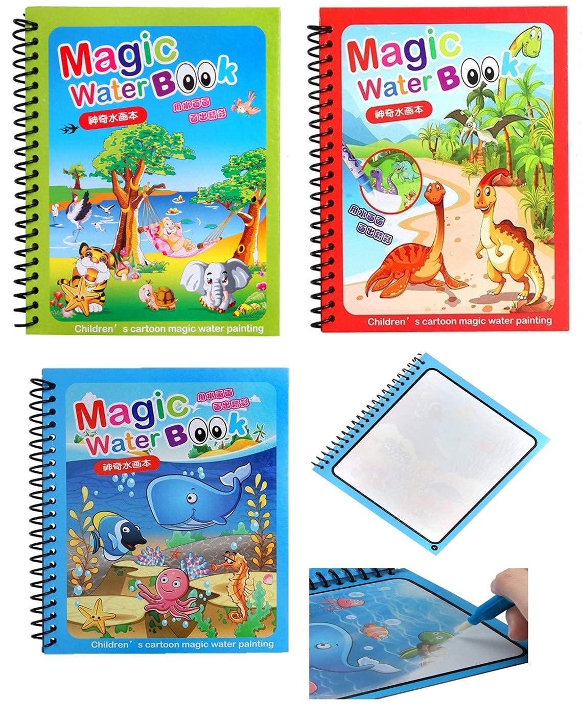 REZNOR Quick Dry Re-Usable Magic Coloring Water Book with Magic Pen (Random Design), Pack of 3