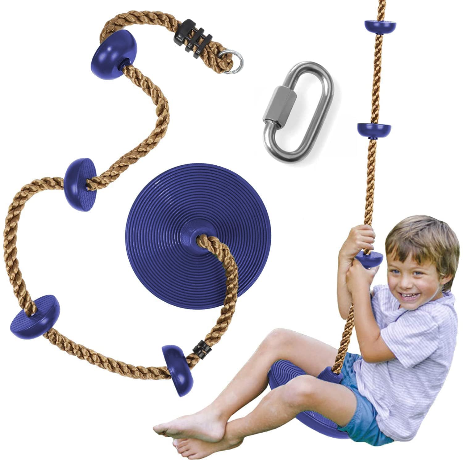 REZNOR Plastic Platforms Disc Tree Swing Seat Climbing Knot Rope With Carabiner Hook For Kids, Blue