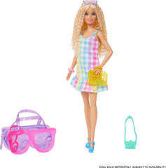 Barbie Clothes and Accessories, Deluxe Sunglasses-Shaped Bag with Keychain, Multicolor Gingham Dress and Summery Accessories for Kids Ages 3+