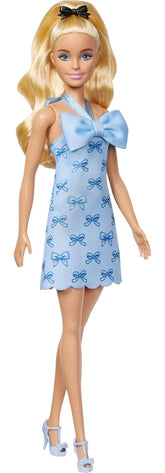 Barbie Fashionistas Doll #237 in Blue Bow Halter Dress, Blonde Ponytail With Bow Accessory for Kids Ages 3+