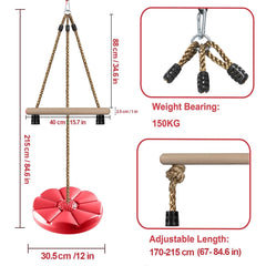 REZNOR 7FT Height Adjustable Gym Monkey Disc Bars Swing for Kids Tree Swing for Backyard, Red