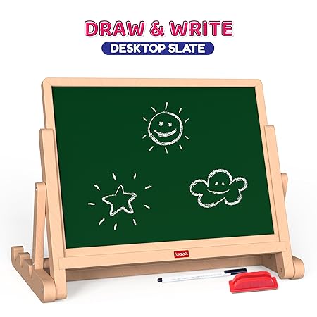 Funskool Giggles Draw N Write Desktop Slate, 4 in 1 Double Sided Board - Chalk Board & Dry Erase/Magnetic Board, Adjustable Angles, Magnetic Letters and Numbers, 3 Years