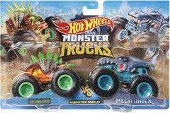 Hot Wheels Monster Trucks 1:64 Scale Demo Doubles 2 Pack Collection, Motosaurus vs Mega-Wrex