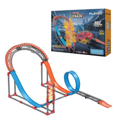Playzu High Speed Pull Back -Rally 81 pcs Single 360 Degree Loops Racing Track Game with Building Block Sets and Two Strong 1:64 Scaled Pull Back Cars for Ages 6+