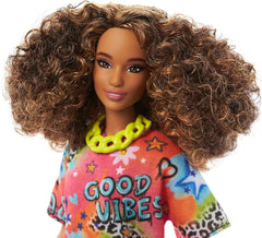 Barbie Fashionistas Doll with Brunette Curly Hair And Graffiti Dress #201 for Kids Ages 3+ (HPF77)