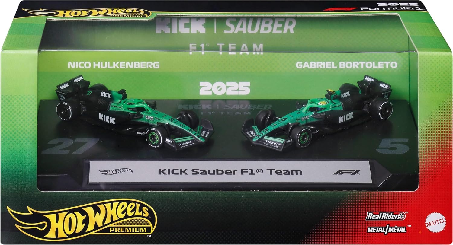 Hot Wheels Premium Formula 1 Toy Car 2-Pack, Set of 2 1:64 Scale Die-Cast Scale KICK Sauber F1 Team Racecars Featuring #27 Nico Hulkenberg & #5 Gabriel Bortoleto