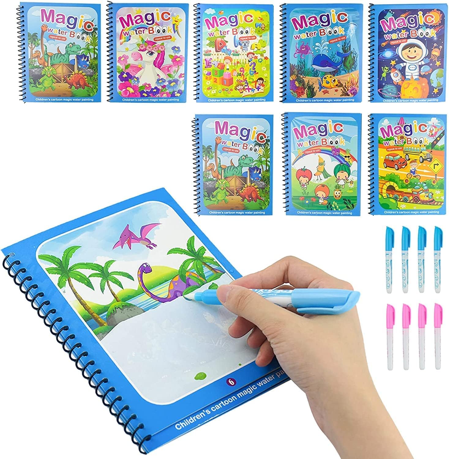 REZNOR Quick Dry Re-Usable Magic Coloring Water Book with Magic Pen (Random Design), Pack of 8